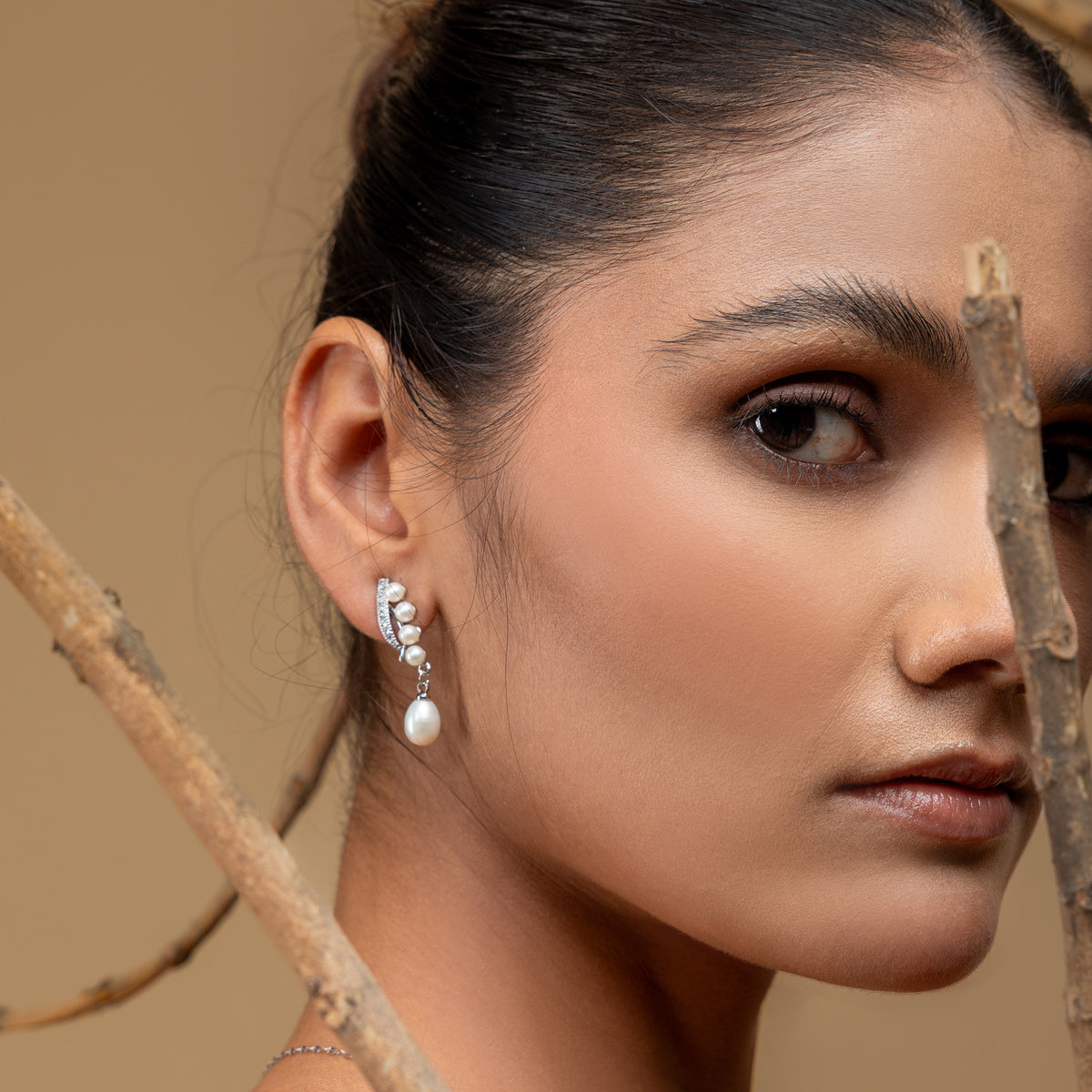 Linear Pearl Drop Earrings (Silver)
