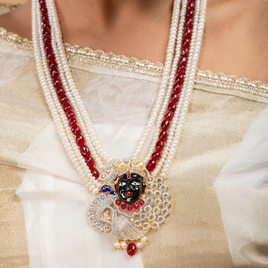 Shree Nathji Peacock Pearl & Red Stone Set