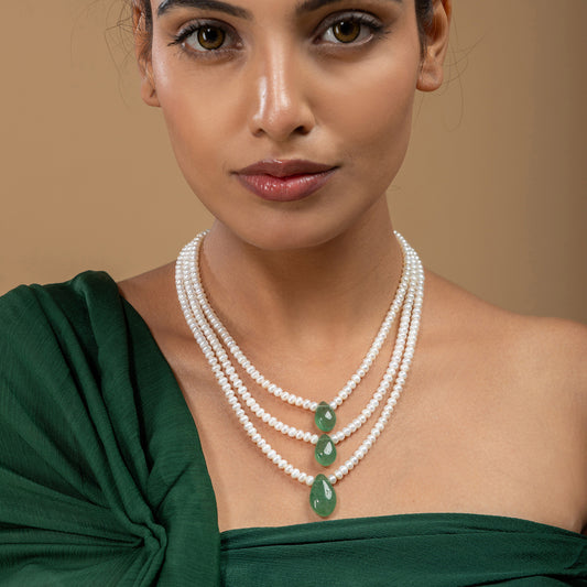 Triple-Strand Pearl & Aventurine Drop Necklace