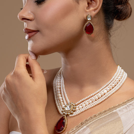 Red Drop Kundan Pearl Set