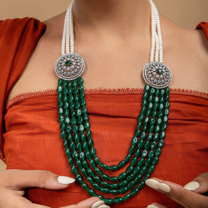 Pearl & Green Stone Brooch Long Necklace