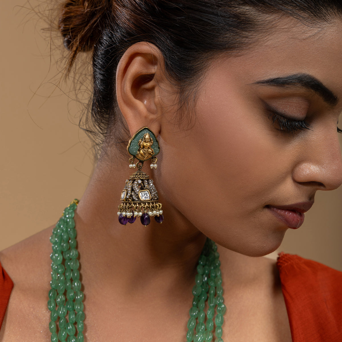 Lakshmi Green Stone Temple Pendant Set