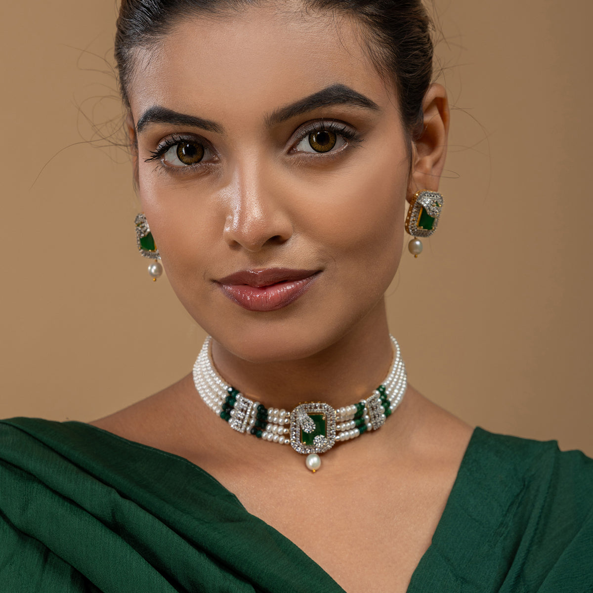 Green Stone & Pearl Statement Choker