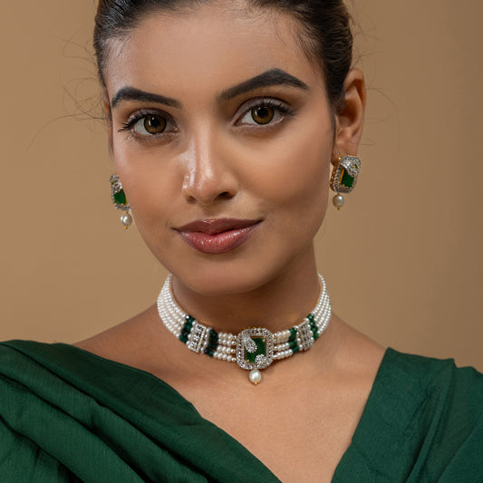 Green Stone & Pearl Statement Choker