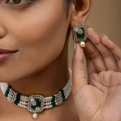 Green Stone & Pearl Statement Choker