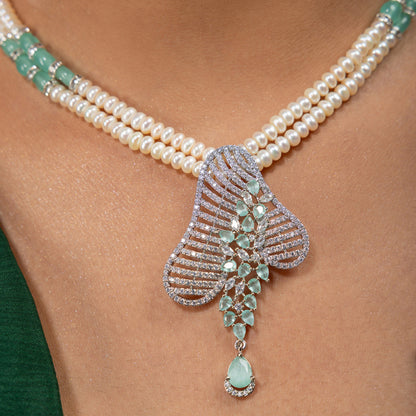Mint Stone Leaf Pearl Necklace Set