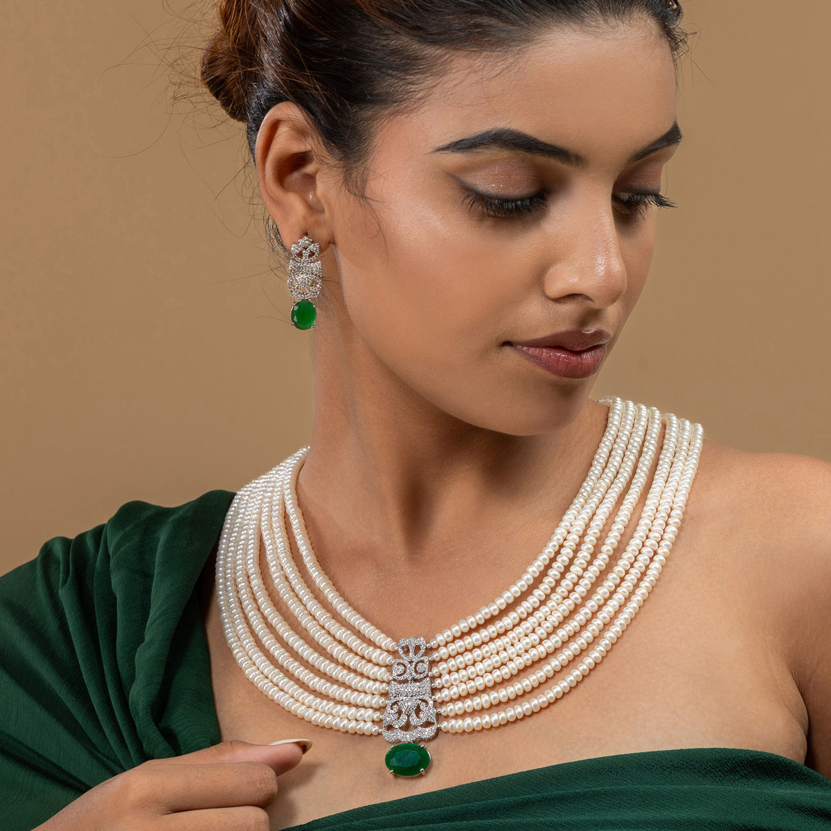 Seven-Strand Pearl & Green Drop Set