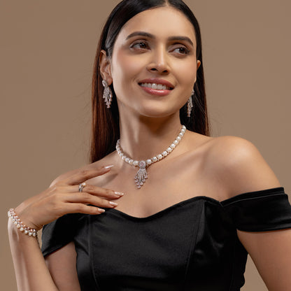 Pink Stone Fan Pearl Necklace Set