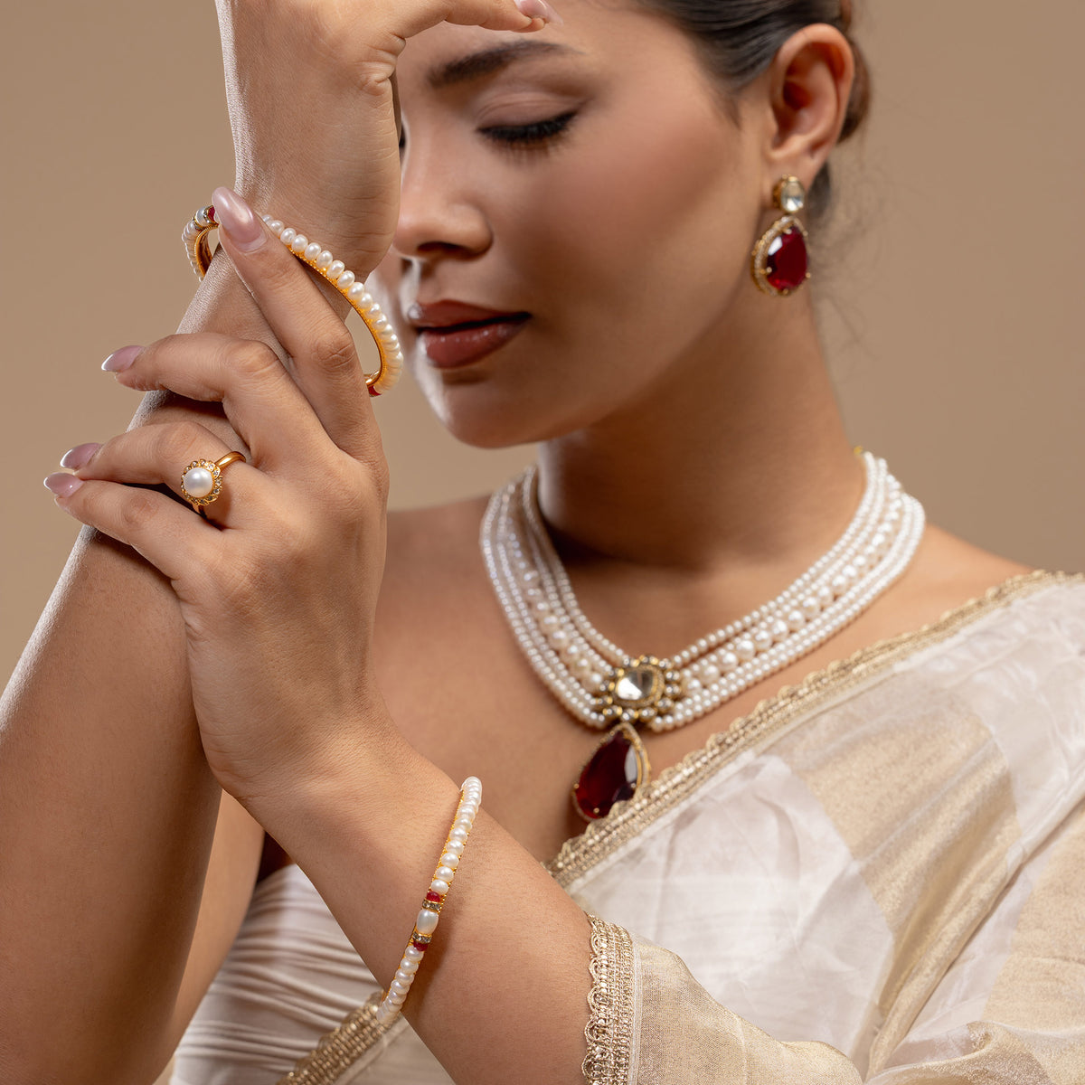 Red Drop Kundan Pearl Set