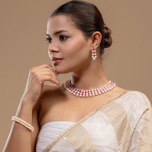 Pink Stone & Pearl Choker Set