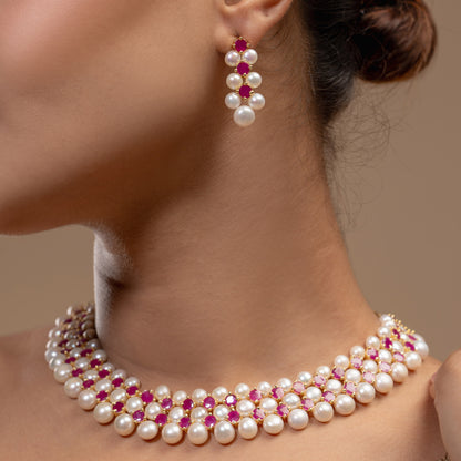 Pink Stone & Pearl Choker Set