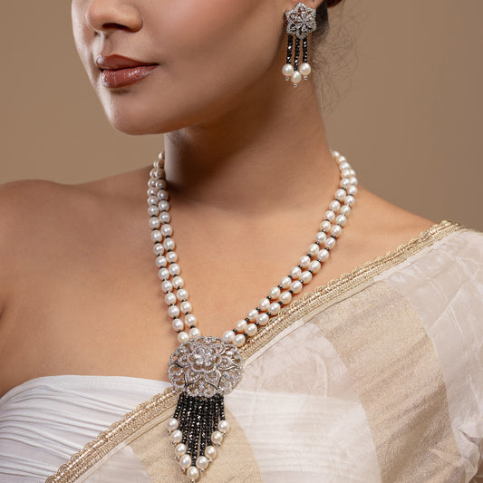 Long Pearl & Silver Pendant Set