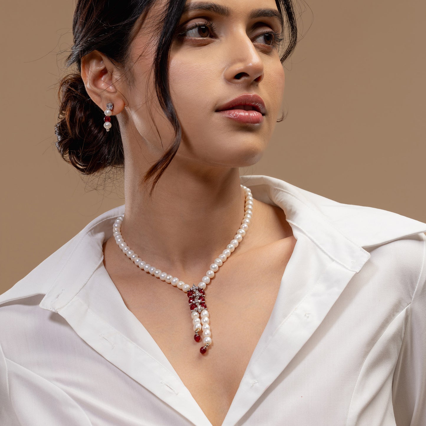 Red Stone Pearl Tassel Necklace