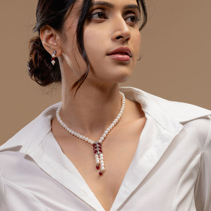Red Stone Pearl Tassel Necklace