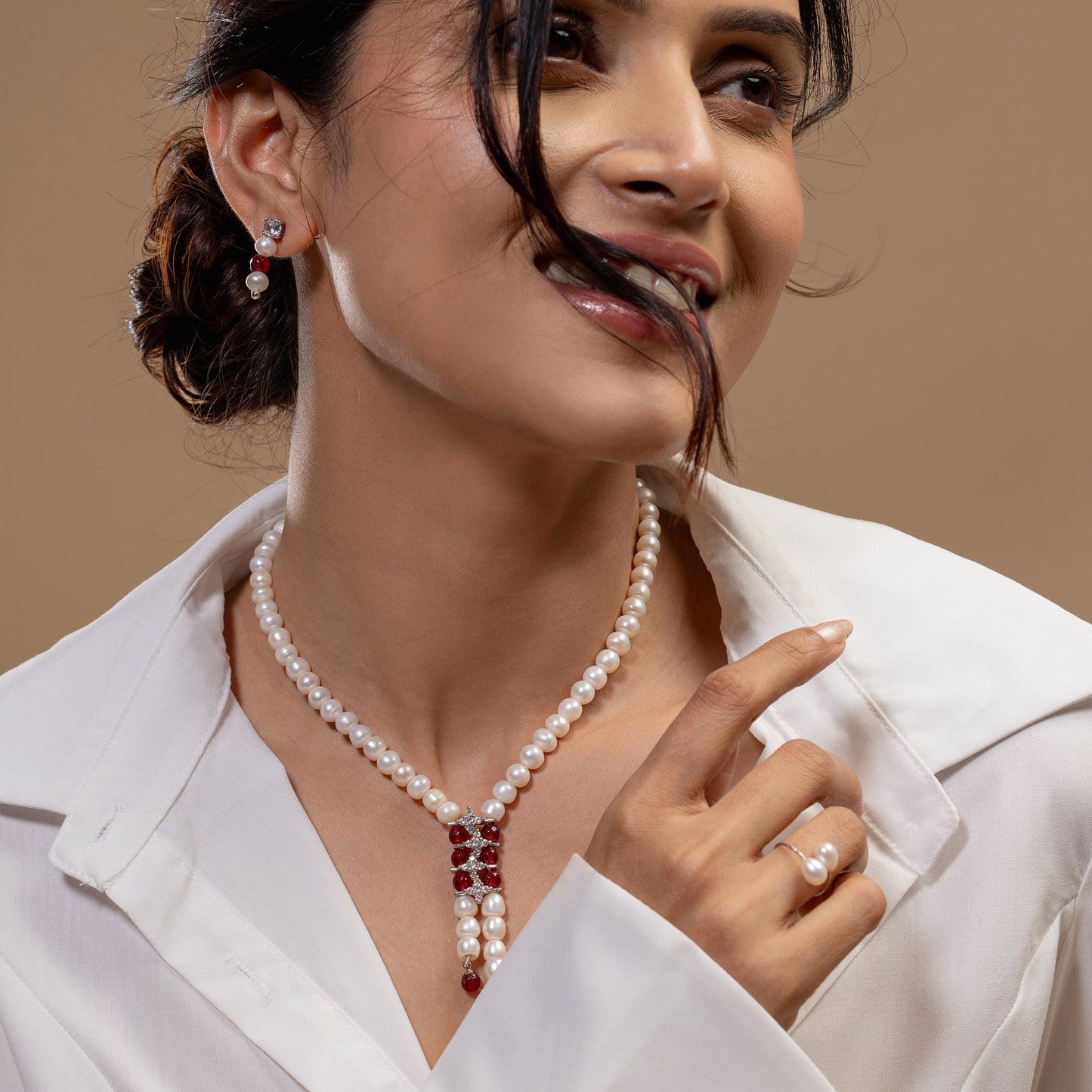 Red Stone Pearl Tassel Necklace