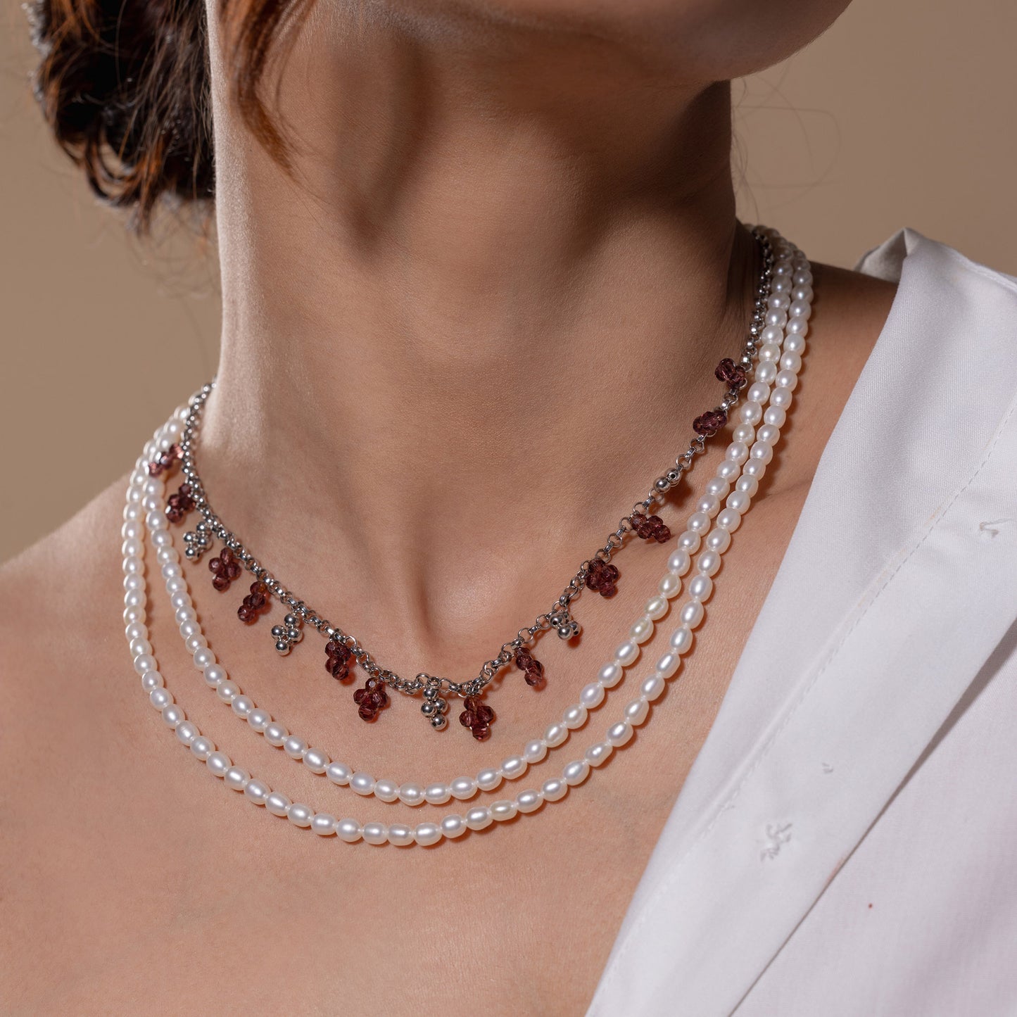 Twin Pearl & Red Stone Necklace