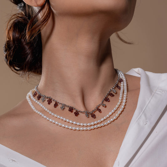 Twin Pearl & Red Stone Necklace