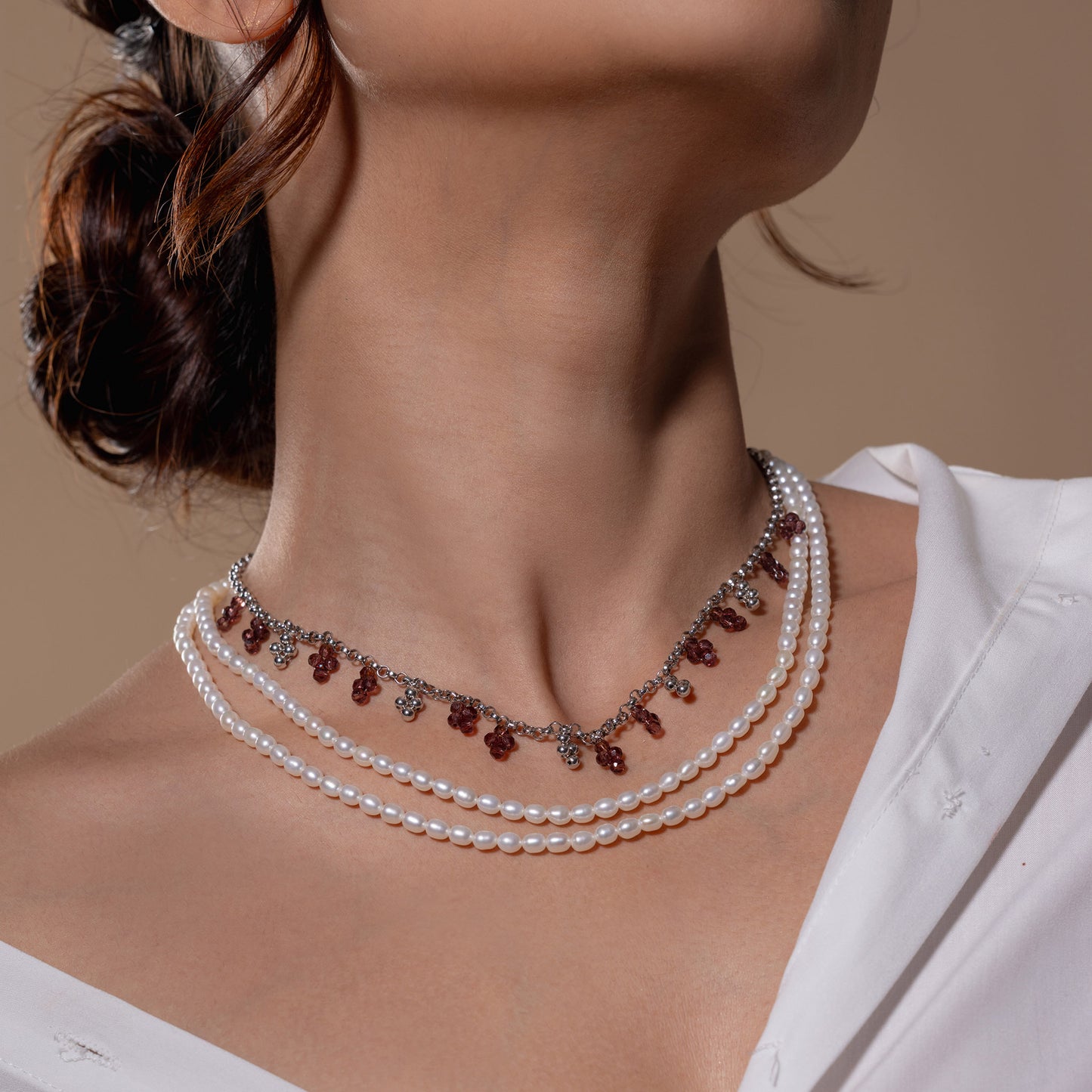 Twin Pearl & Red Stone Necklace