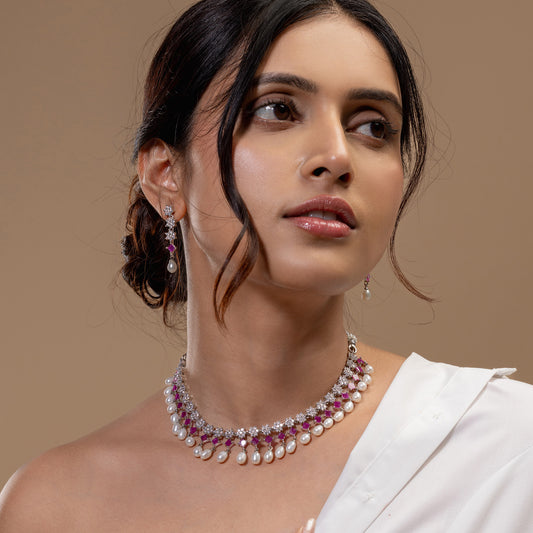 Red Stone Pearl Collar Necklace