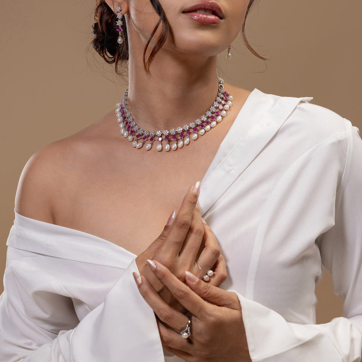 Red Stone Pearl Collar Necklace