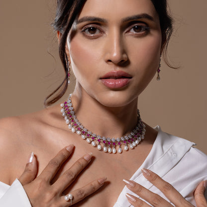 Red Stone Pearl Collar Necklace