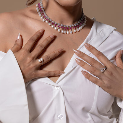 Red Stone Pearl Collar Necklace