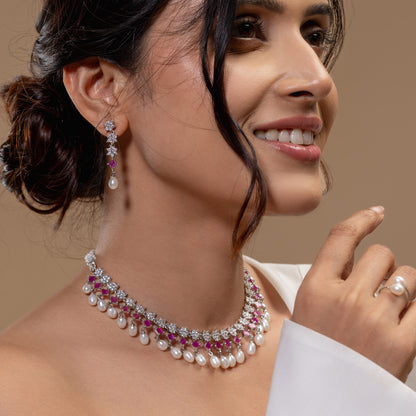 Red Stone Pearl Collar Necklace