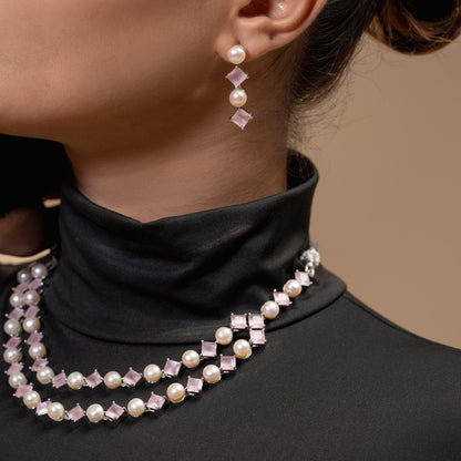 Pink Stone & Pearl Two-Row Necklace Set