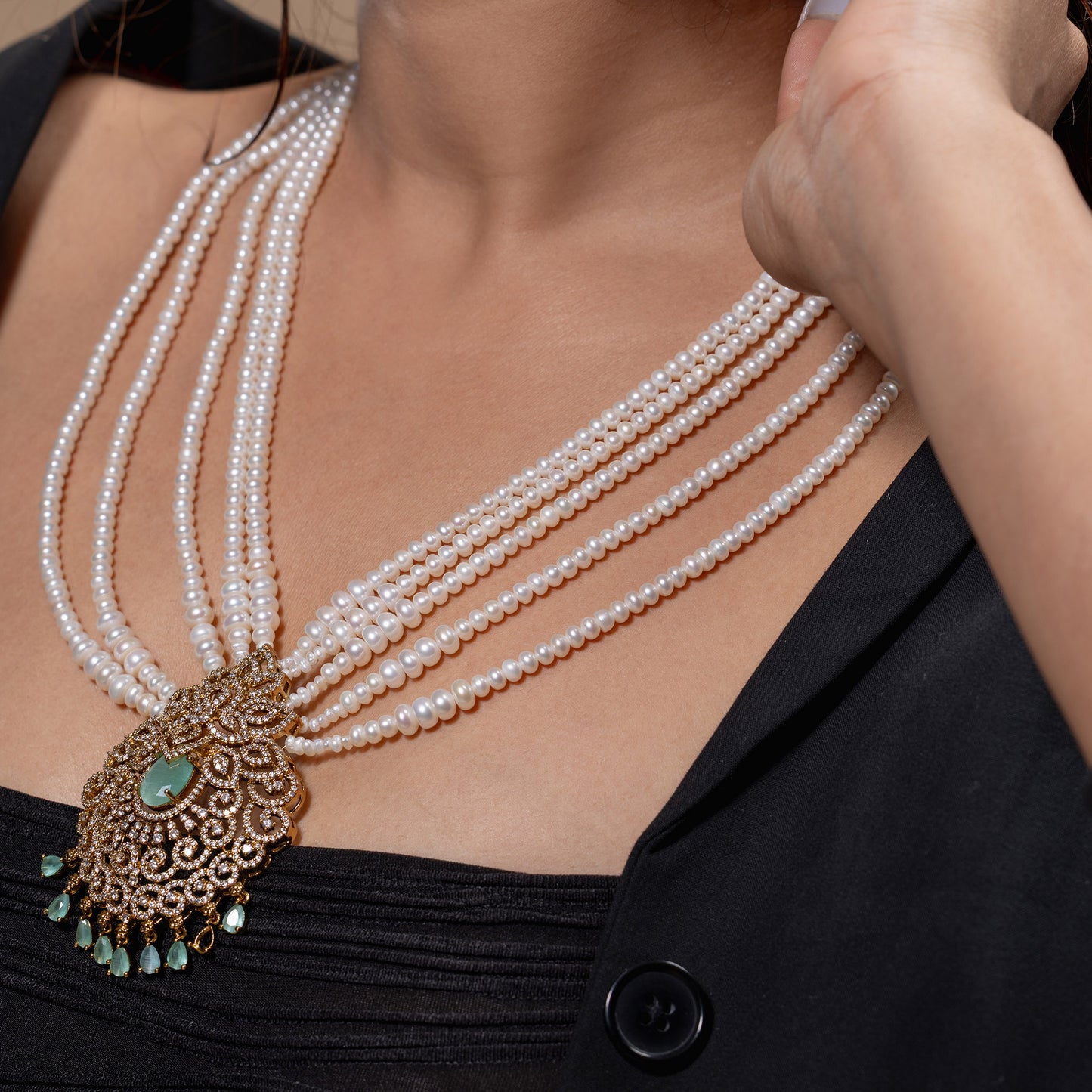 Multi-Strand Pearl & Green Stone Set