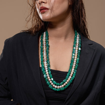 Green Stone & Pearl Cascade Necklace
