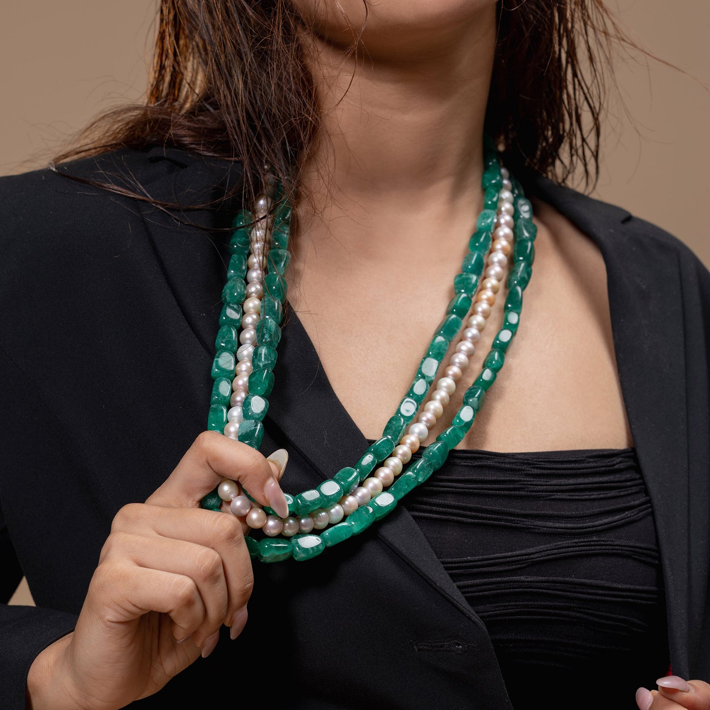 Green Stone & Pearl Cascade Necklace