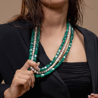 Green Stone & Pearl Cascade Necklace