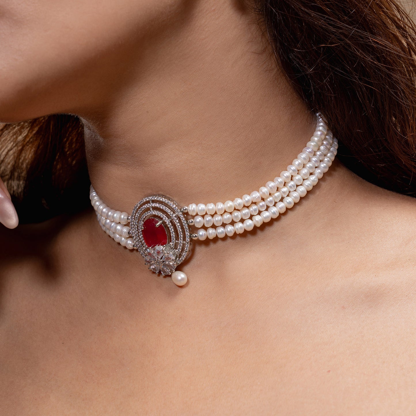 Red Stone & Pearl Choker Set