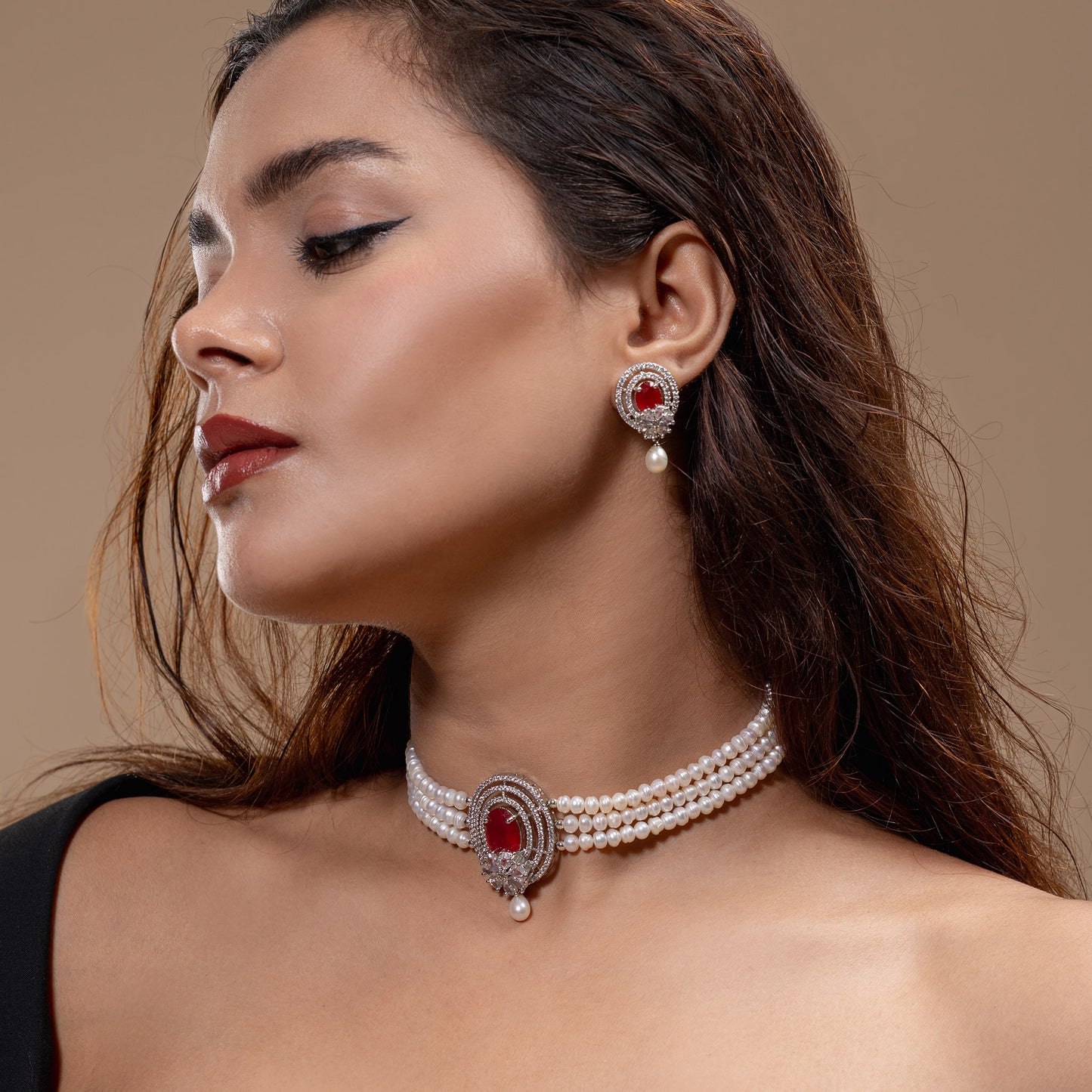 Red Stone & Pearl Choker Set