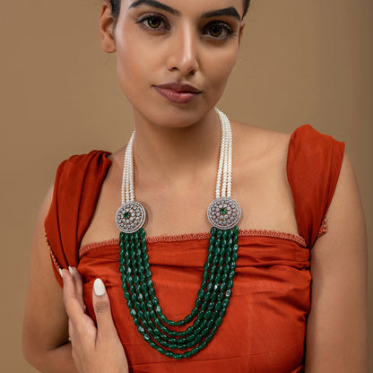 Pearl & Green Stone Brooch Long Necklace by Vionora Pearls & Gems