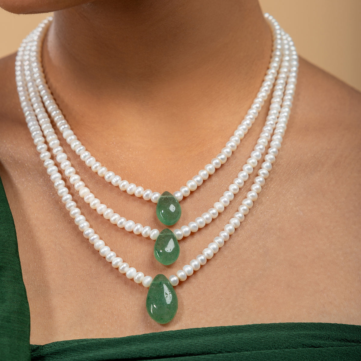 Triple-Strand Pearl & Aventurine Drop Necklace by Vionora Pearls & Gems