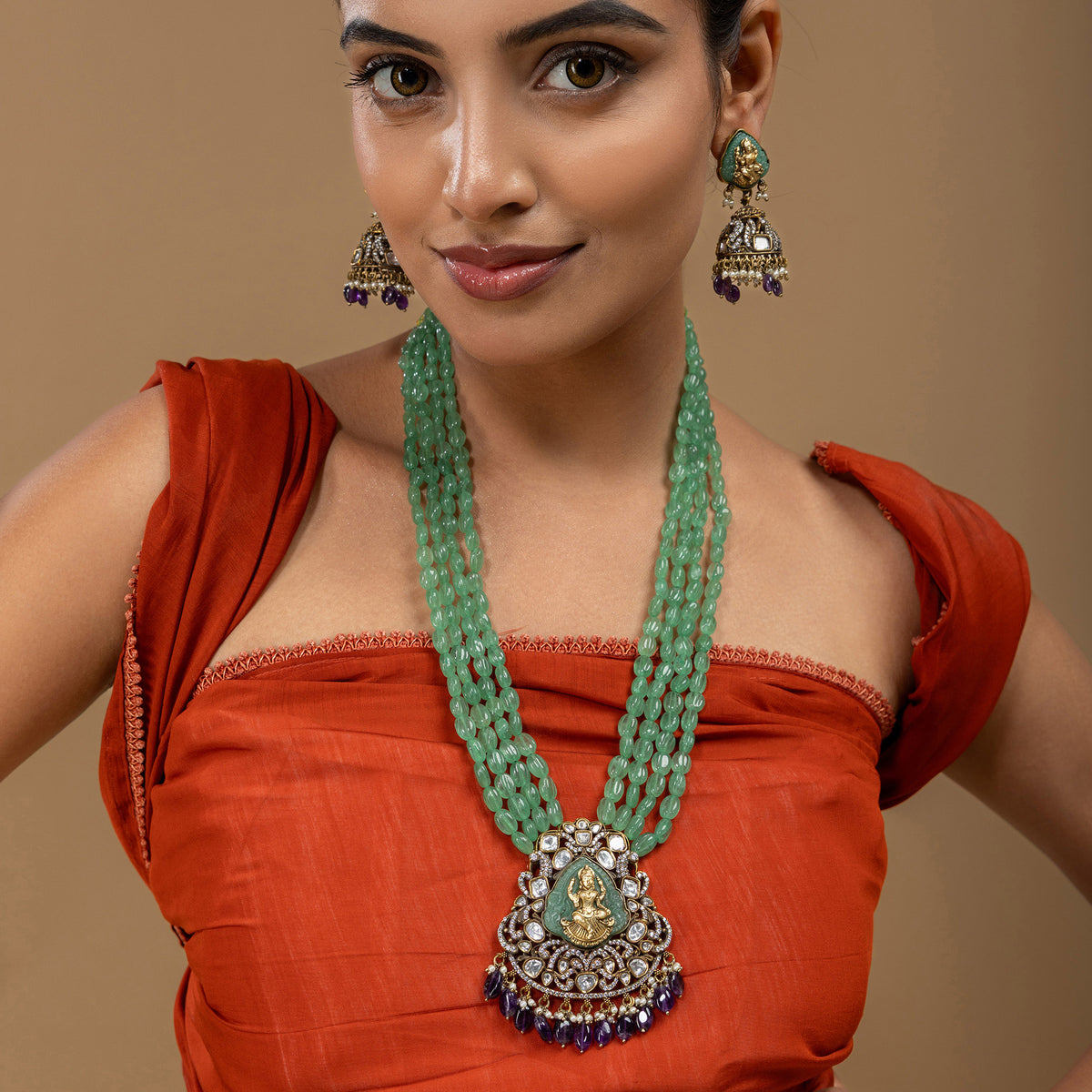 Lakshmi Green Stone Temple Pendant Set by Vionora Pearls & Gems