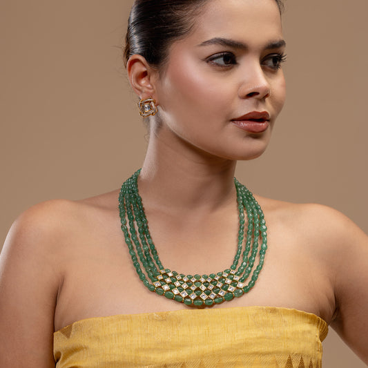 Green Stone Kundan Lattice Set by Vionora Pearls & Gems