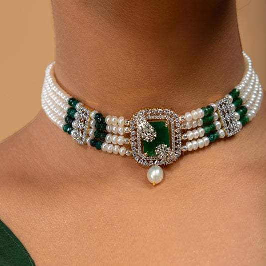 Green Stone & Pearl Statement Choker by Vionora Pearls & Gems