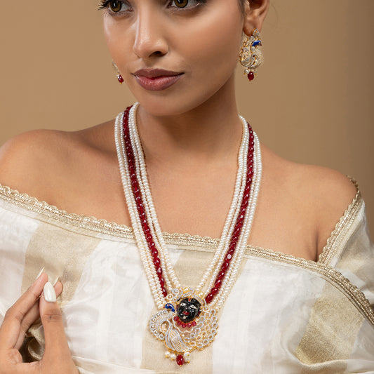 Shree Nathji Peacock Pearl & Red Stone Set by Vionora Pearls & Gems