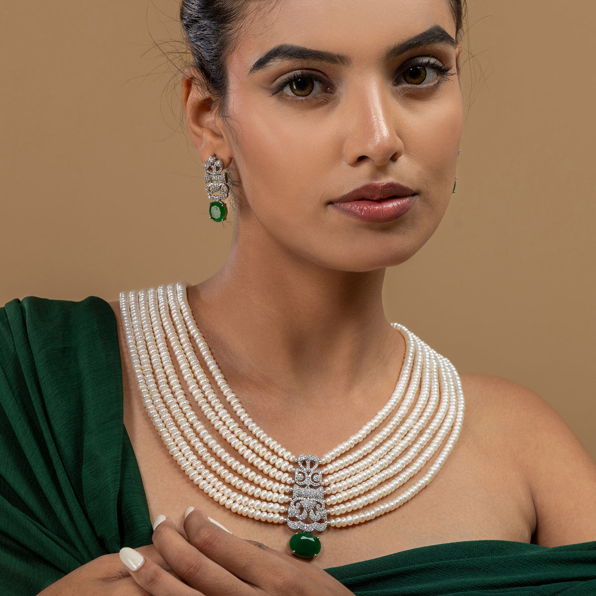 Seven-Strand Pearl & Green Drop Set by Vionora Pearls & Gems