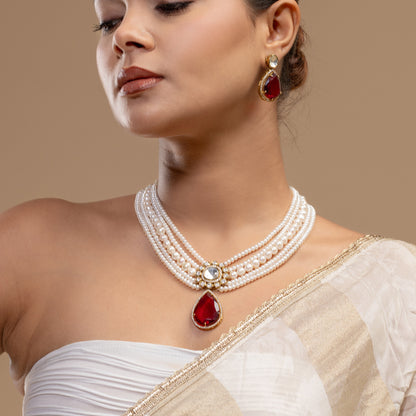 Red Drop Kundan Pearl Set by Vionora Pearls & Gems