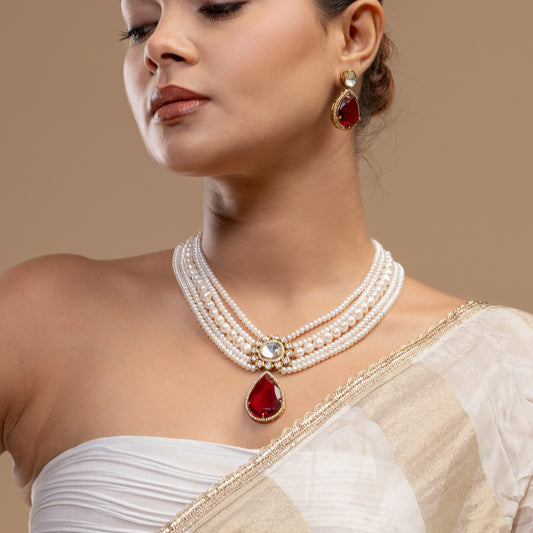 Red Drop Kundan Pearl Set by Vionora Pearls & Gems