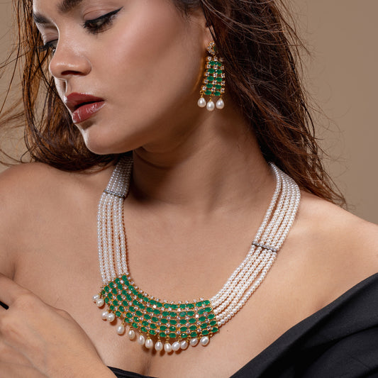 Green Stone Panel Pearl Necklace Set by Vionora Pearls & Gems