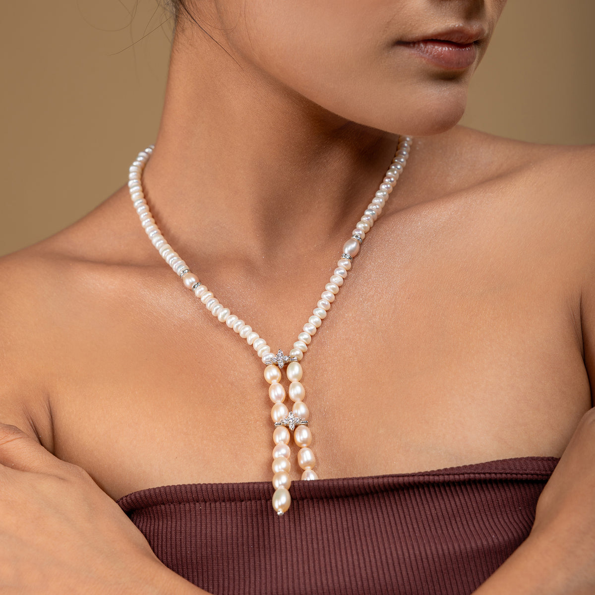 Peach Drop Pearl Lariat Necklace by Vionora Pearls & Gems