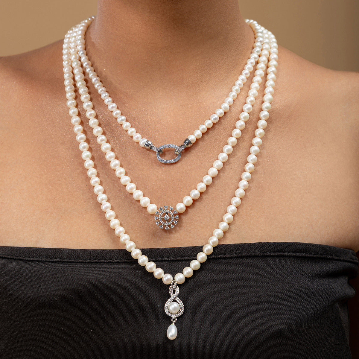Three-Layer Pearl Pendant Necklace Set by Vionora Pearls & Gems