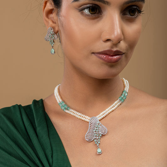 Mint Stone Leaf Pearl Necklace Set by Vionora Pearls & Gems