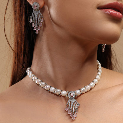 Pink Stone Fan Pearl Necklace Set by Vionora Pearls & Gems