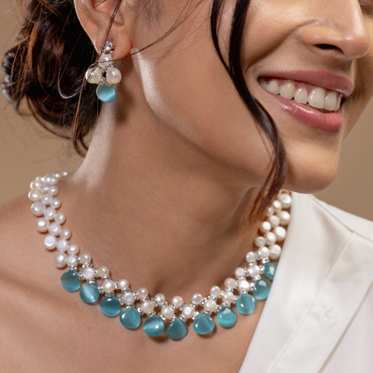 Aqua Drop Pearl Necklace Set by Vionora Pearls & Gems