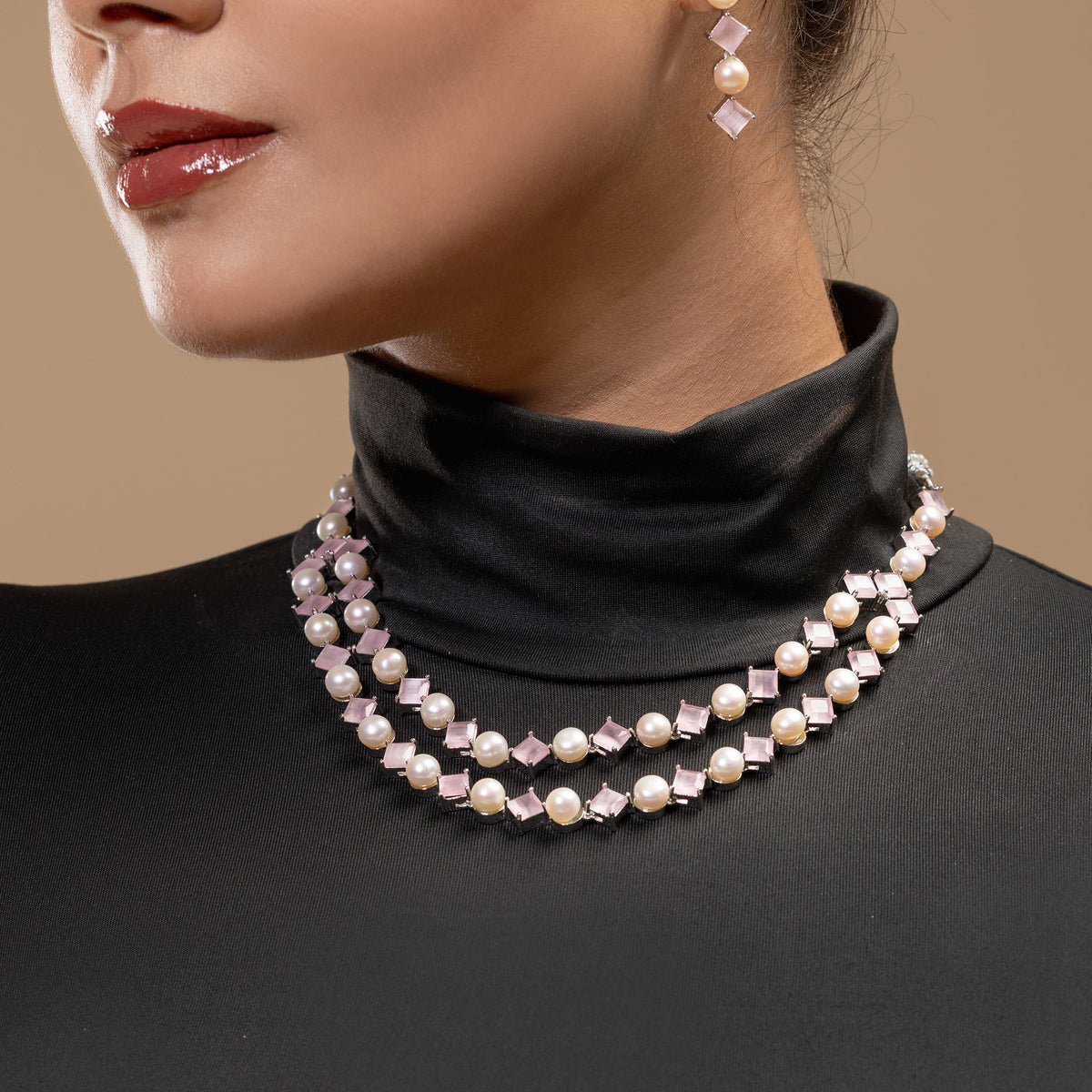 Pink Stone & Pearl Two-Row Necklace Set by Vionora Pearls & Gems